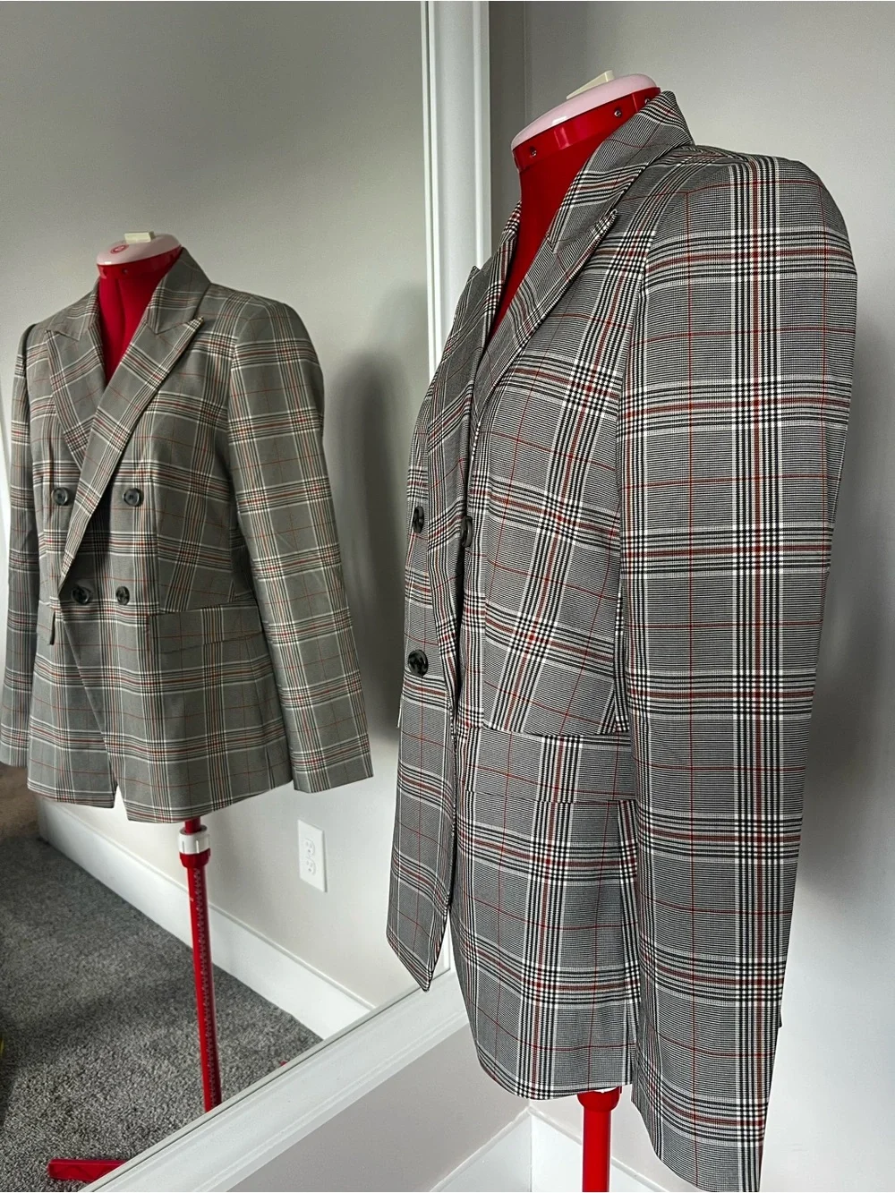 J. Crew Double-Breasted Plaid Blazer in Grey with Red Accents